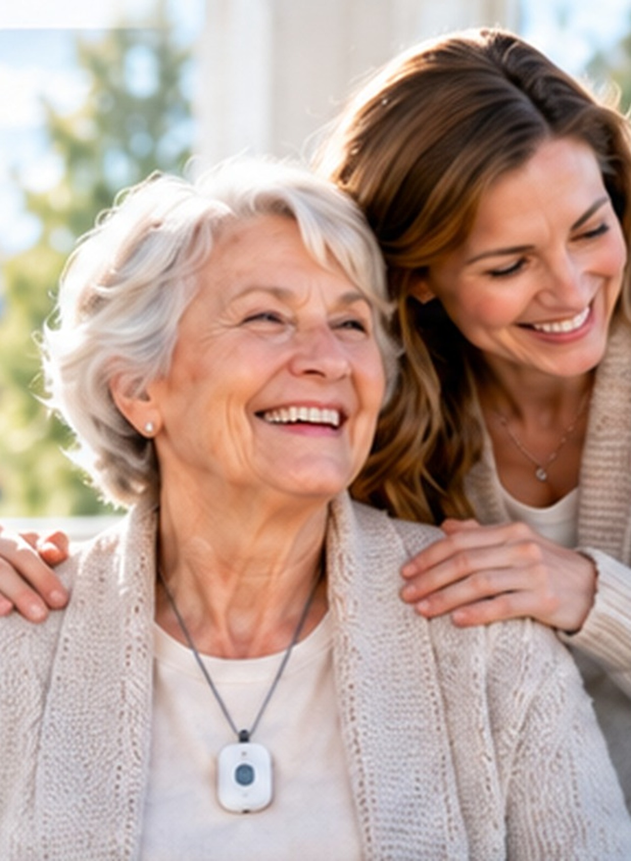 Senior woman wearing a medical alert pendant with a family member