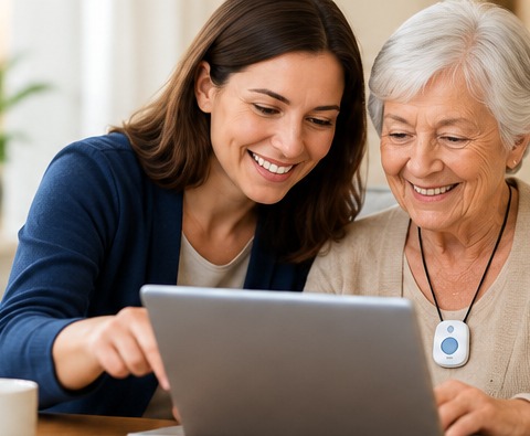 Caregiver helping a senior compare medical alert options on a tablet